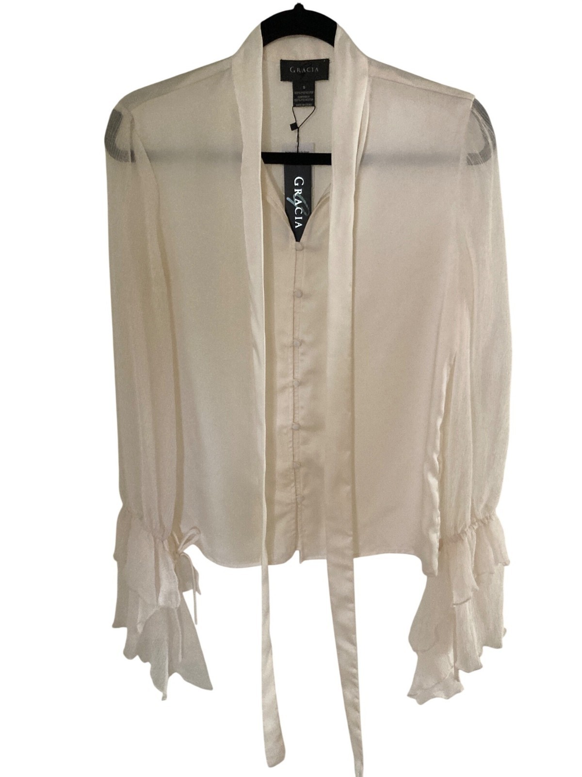 Garcia Women’s Ivory Satin Button Down Front Tie Multi Tiered Sleeves Varies NWT