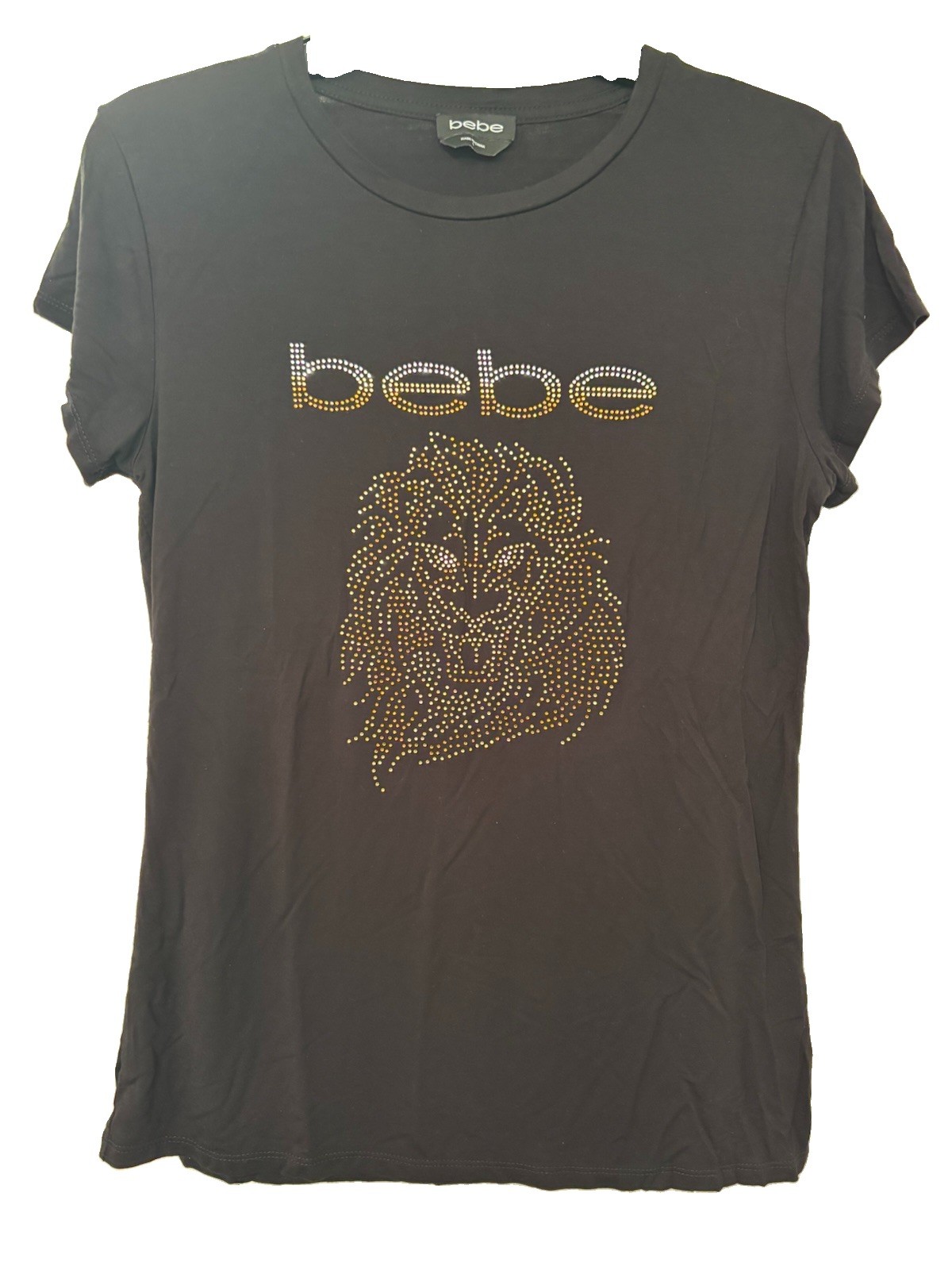 bebe Women’s T Shirt Top Black Jewel Studded Lion Logo Short Sleeve Stretch Sz M