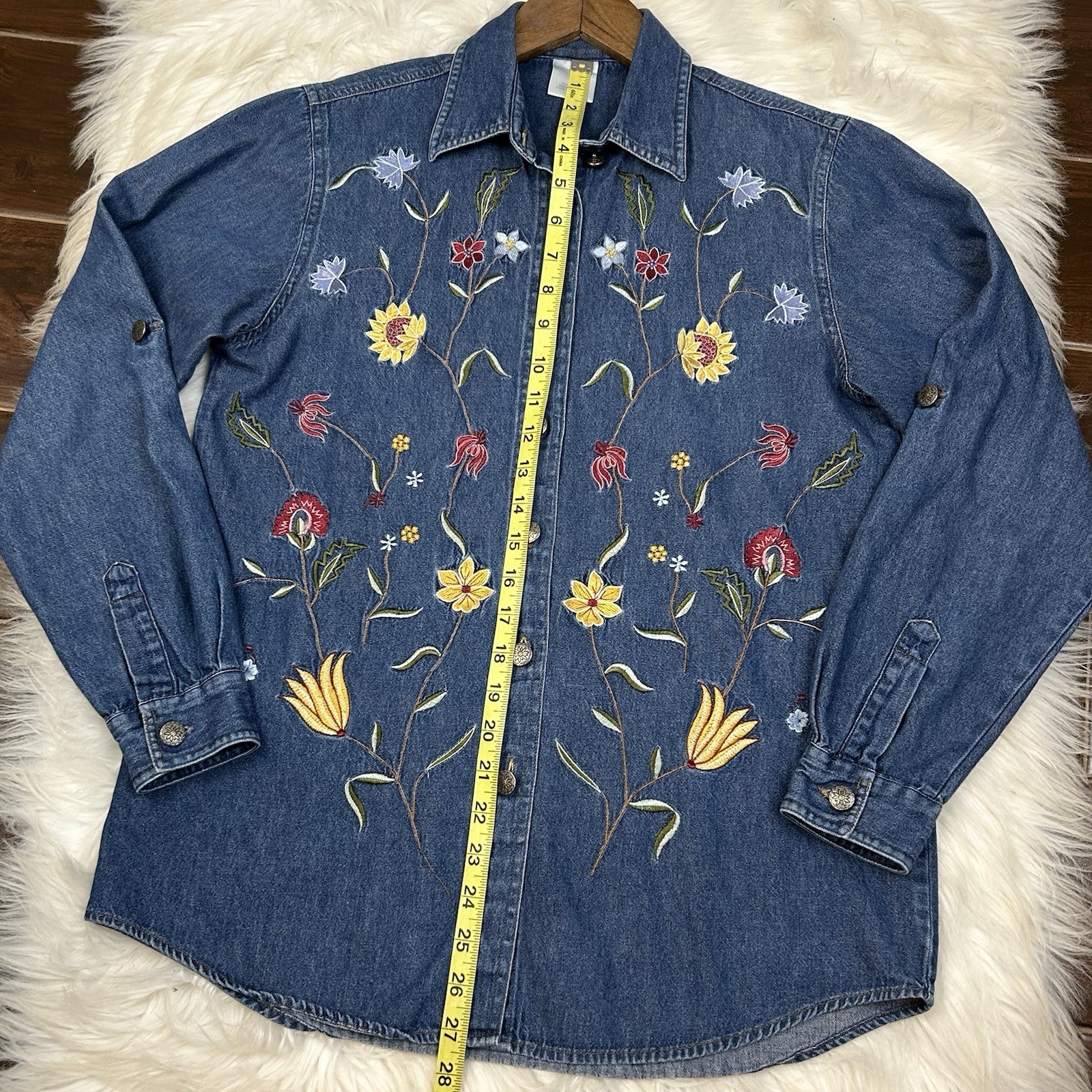 VTG 90s Embroidered Floral Denim Shirt Small Cottagecore Sunflower Boho Preppy