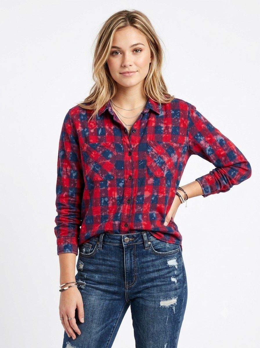 Hippie Laundry Womens Shirt Top L Speckle Splatter Red Blue Button Front LS