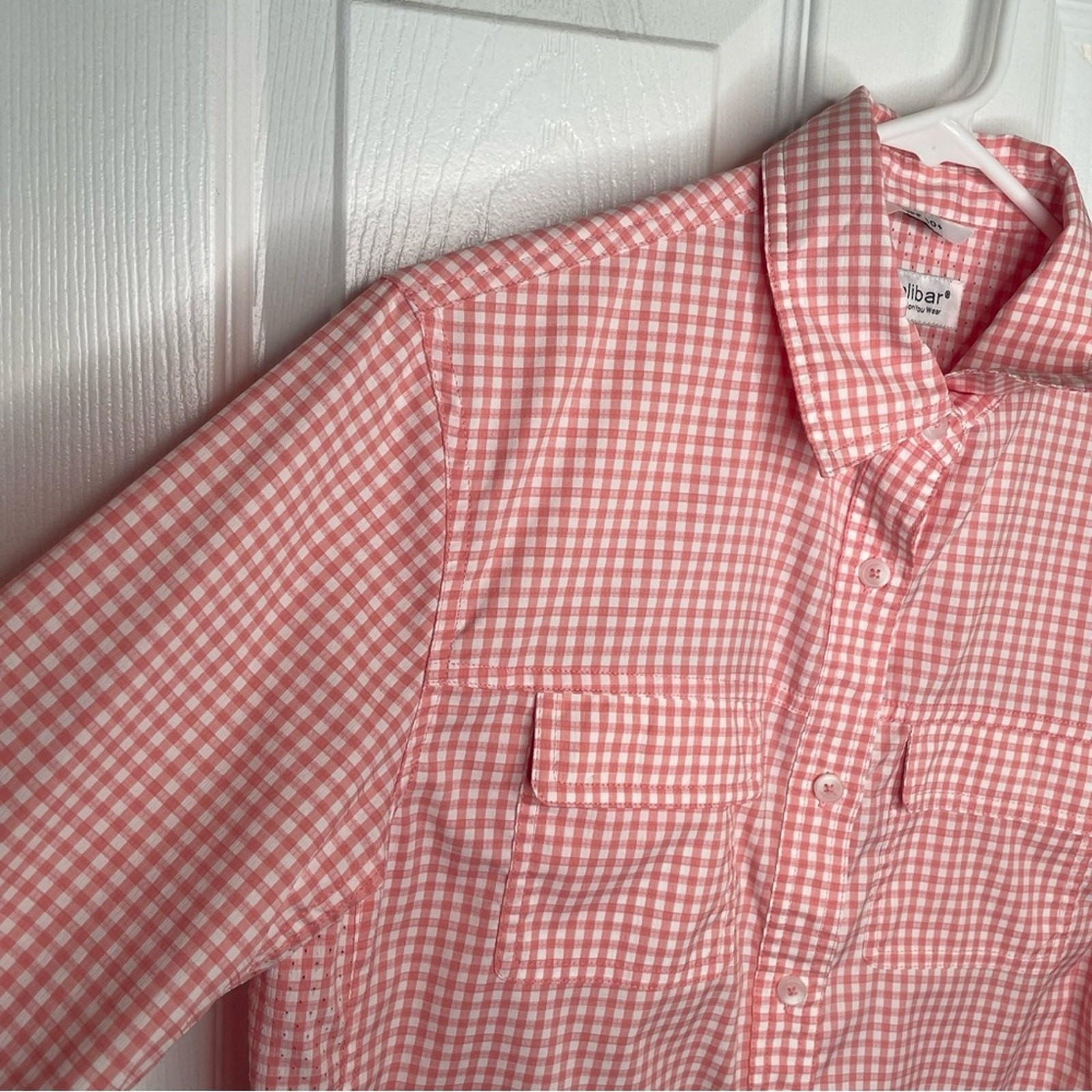 Coolibar Mylitta Travel Shirt UPF 50+ Beach Vacation in Pink/White Gingham XS