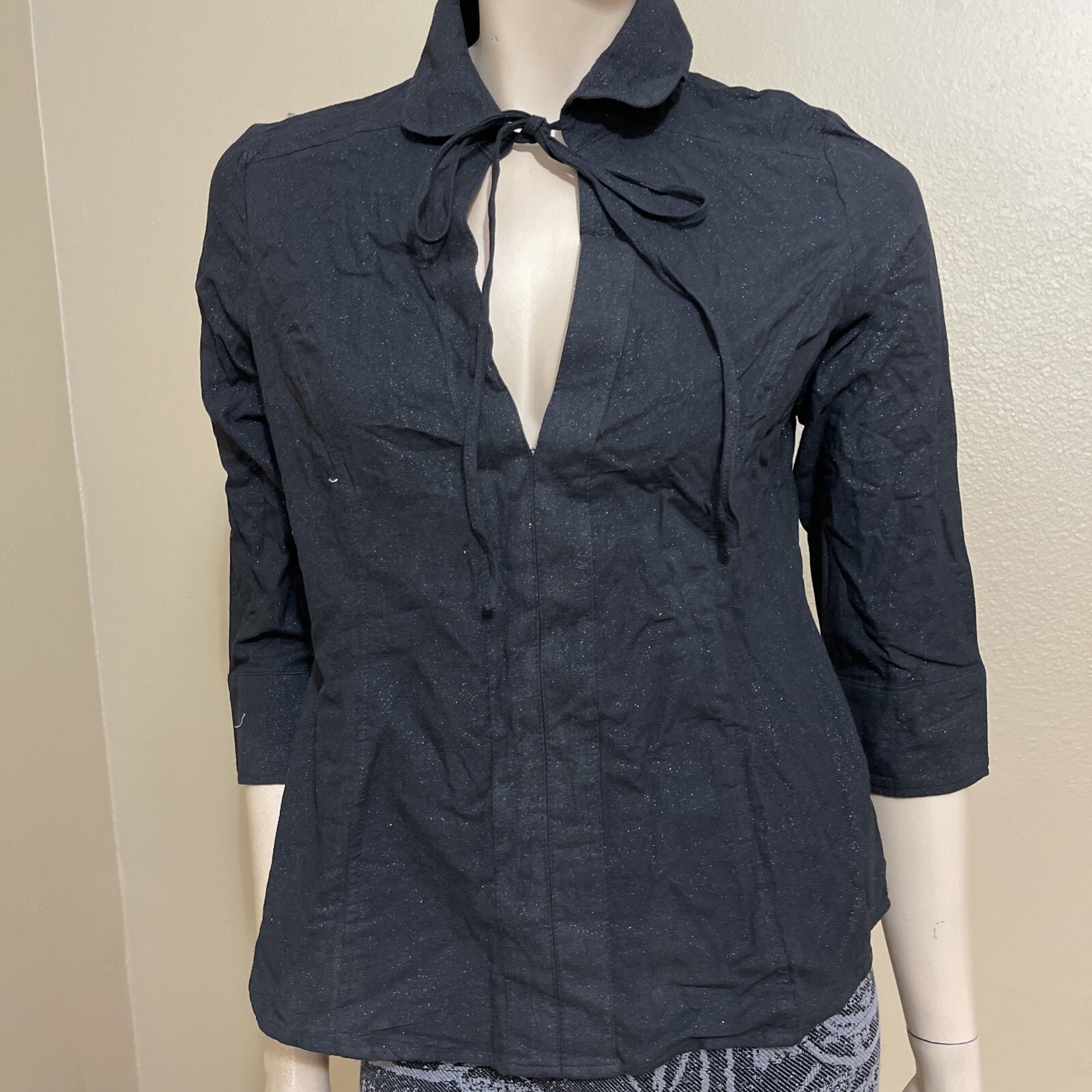 Women’s Black Silver Cotton Casual Button Zipper Glitter TieSize L Top Blouse
