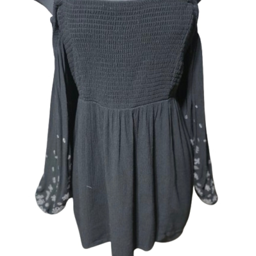 Black Gauze Embroidered Cold Shoulder Top | Smocked Boho Blouse Size 2