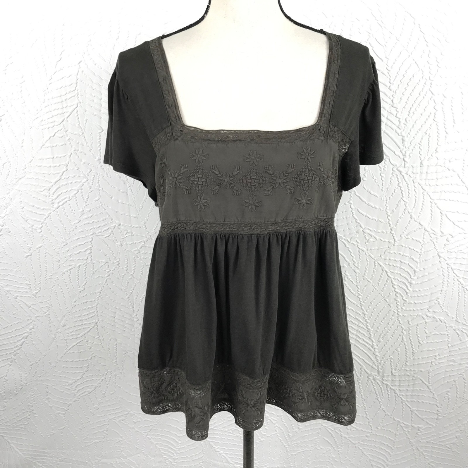 LUCKY BRAND BabyDoll Top Shirt Size L Dark Gray/Black Cotton Bl. Flutter Sleeve