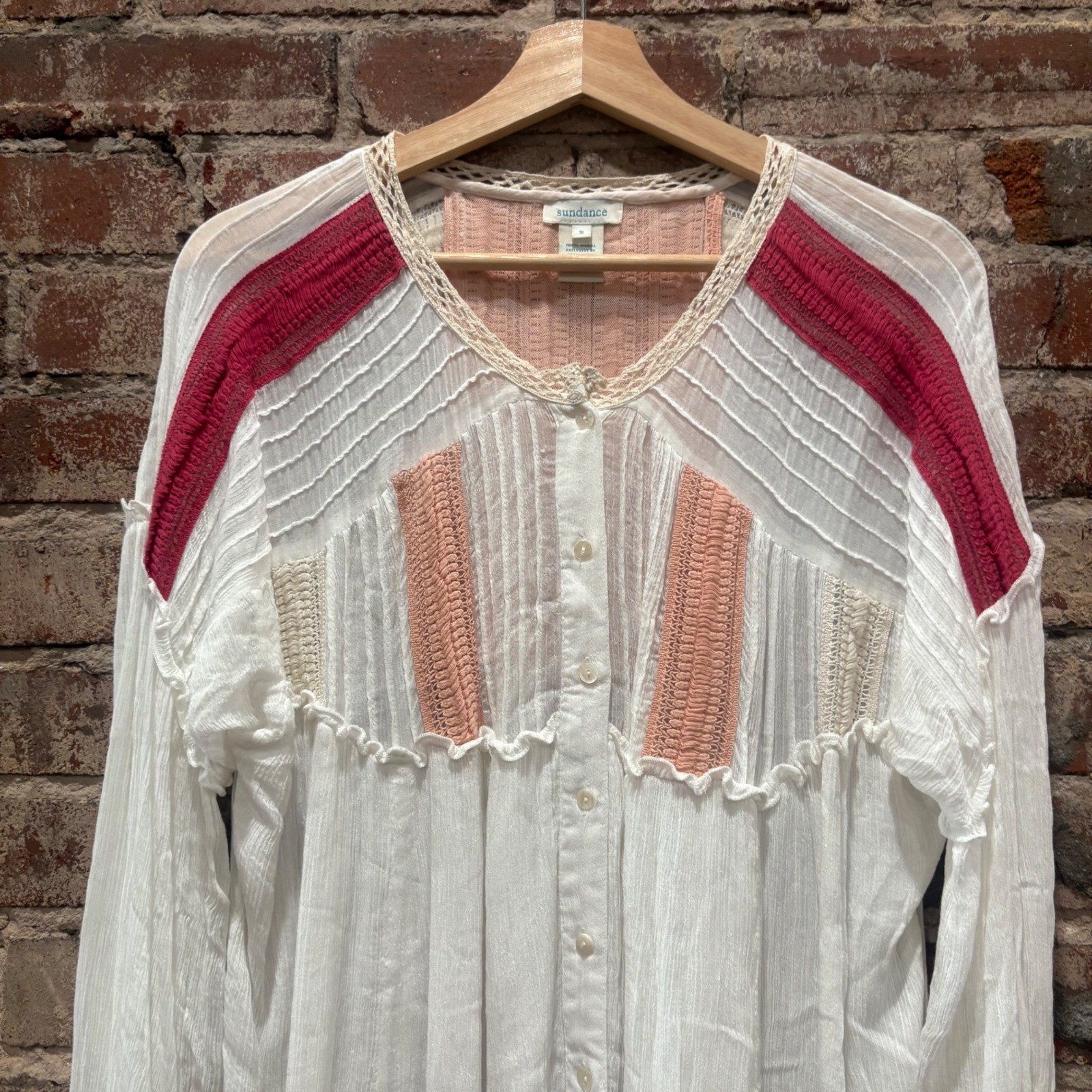 Sundance Constance Crochet Trim Pintuck Blouse Womens Small White Red Boho Top