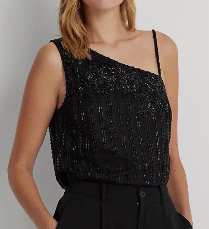 New Ralph Lauren Beaded Mesh One Shoulder Top~Black ~Large $225 Glam Party chic