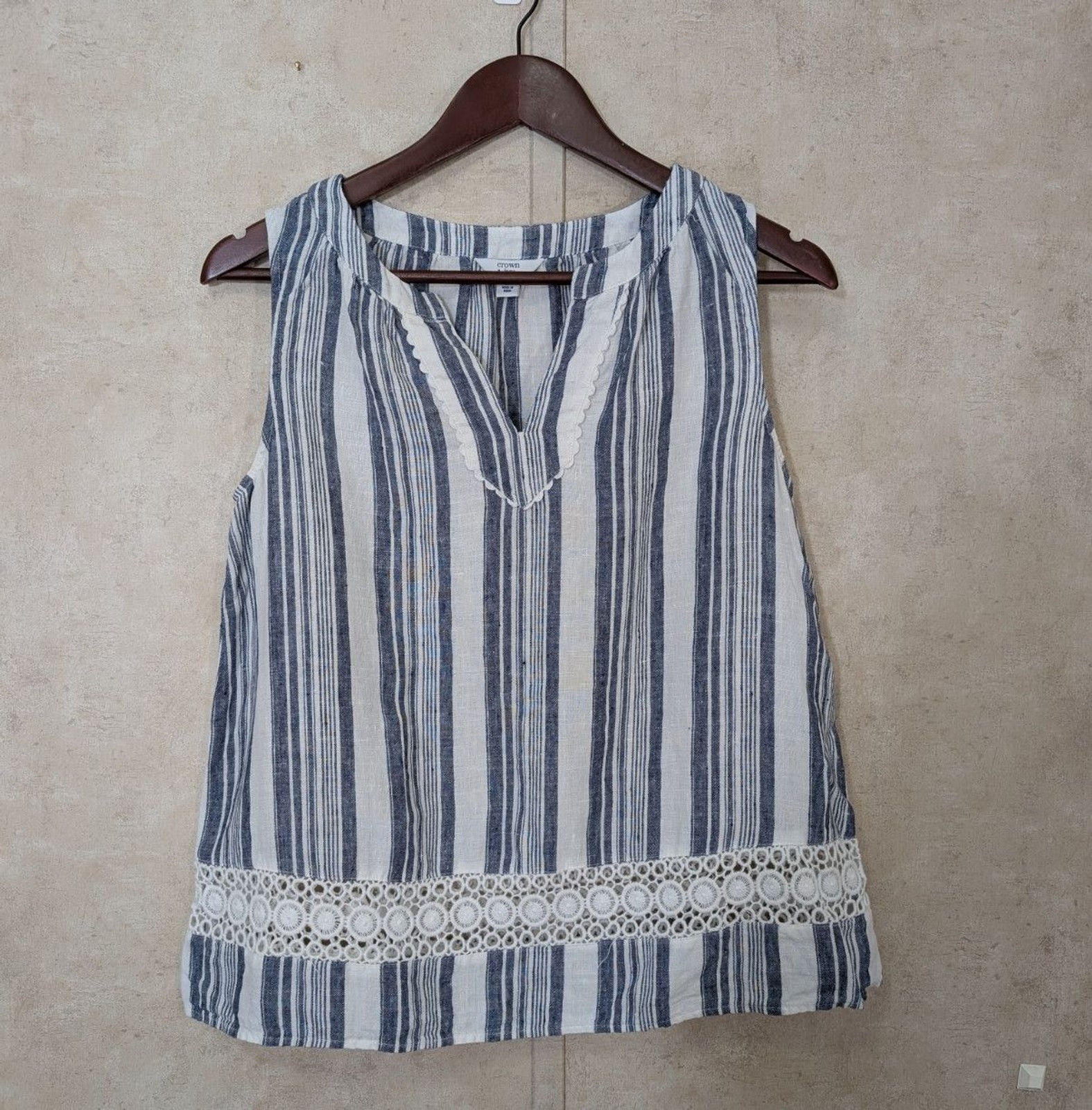 Crown Ivy Womens S Blue Stripe Linen Tank Top Sleeveless Lace Coastal Boho