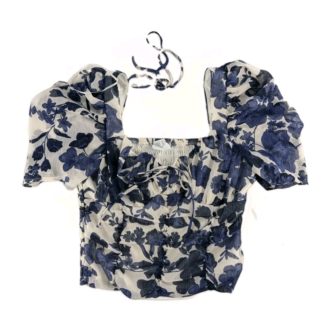 Sienna Sky Top Size M Blue Floral Square Neck Puff Sleeve Smocked Tie Front New