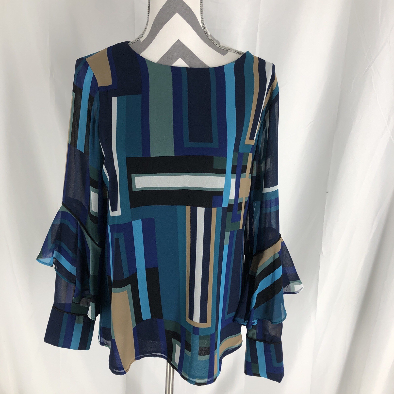 Calvin Klein Blue Tan Black Geometric Bell Sleeve Blouse M NWT