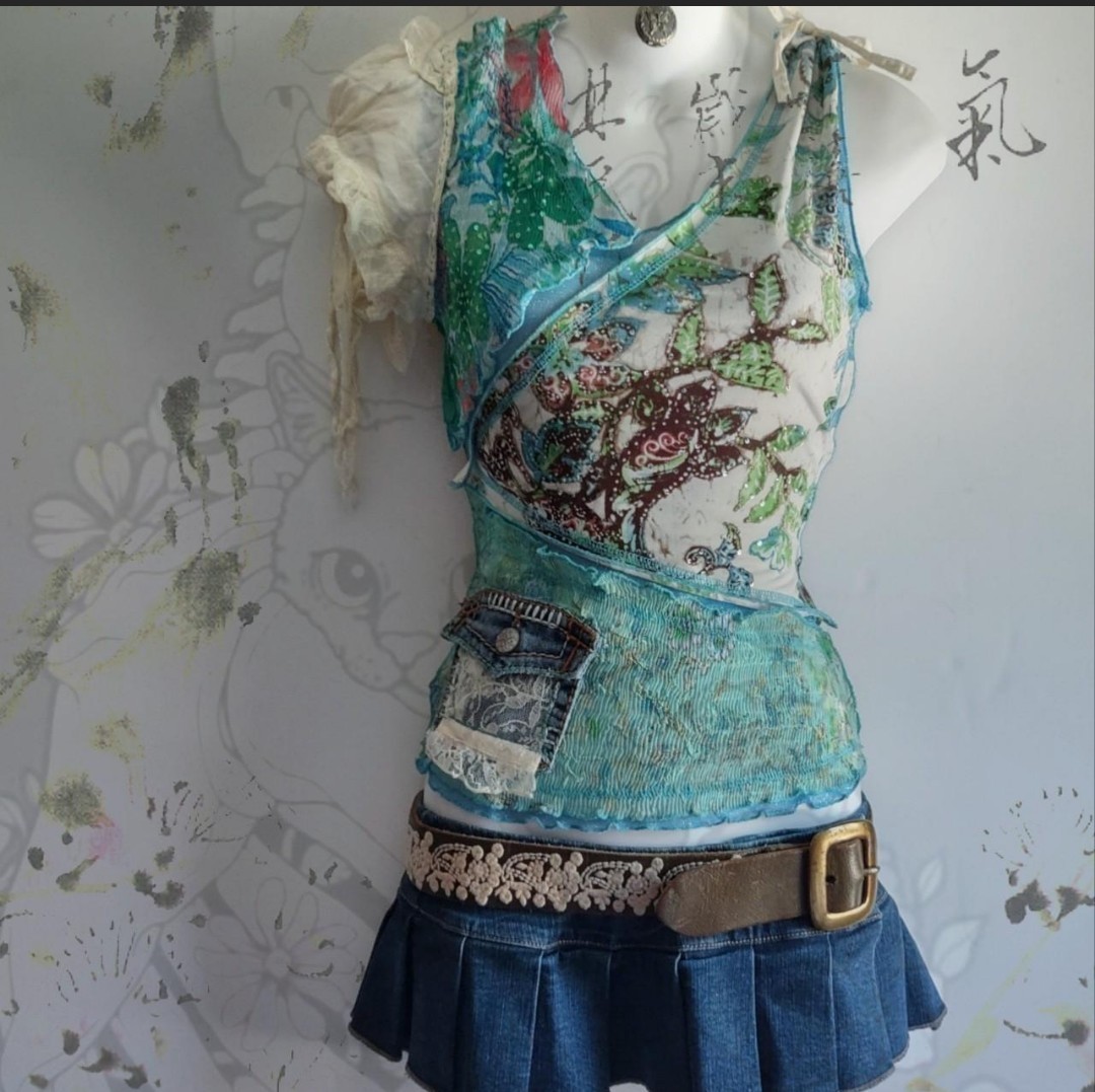Vtg Upcycled Boho Cottagecore Fairy Sequin Floral Y2K Festival Coquette Top