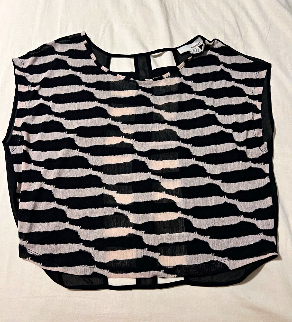 Sans Souci Women’s S Black/White Striped Sheer Knit Crew Neck Sleeveless Top