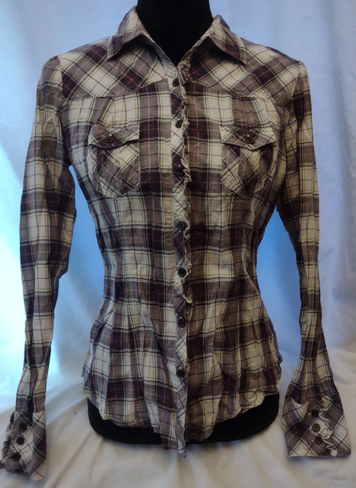 GAP Plaid/Button/Collar/Western Light-Weight Shirt–Purple/White/Silver–Medium