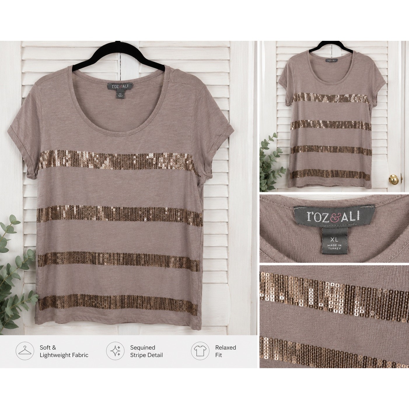 Roz & Ali Taupe Sequin Stripe Short Sleeve Top XL Shimmer Scoop Neck Party