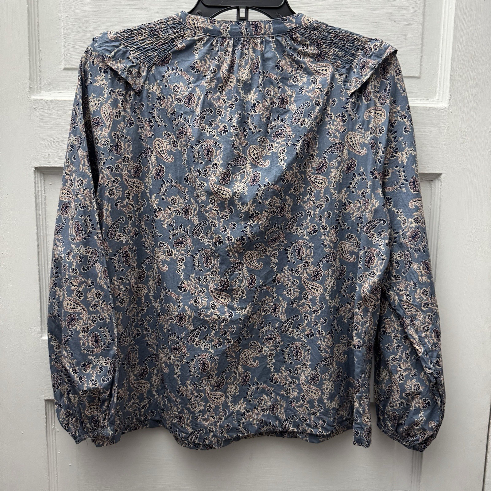 Avara Paisley Blouse Blue Boho Cottagecore Smocked Yoke Tie Neck Size S