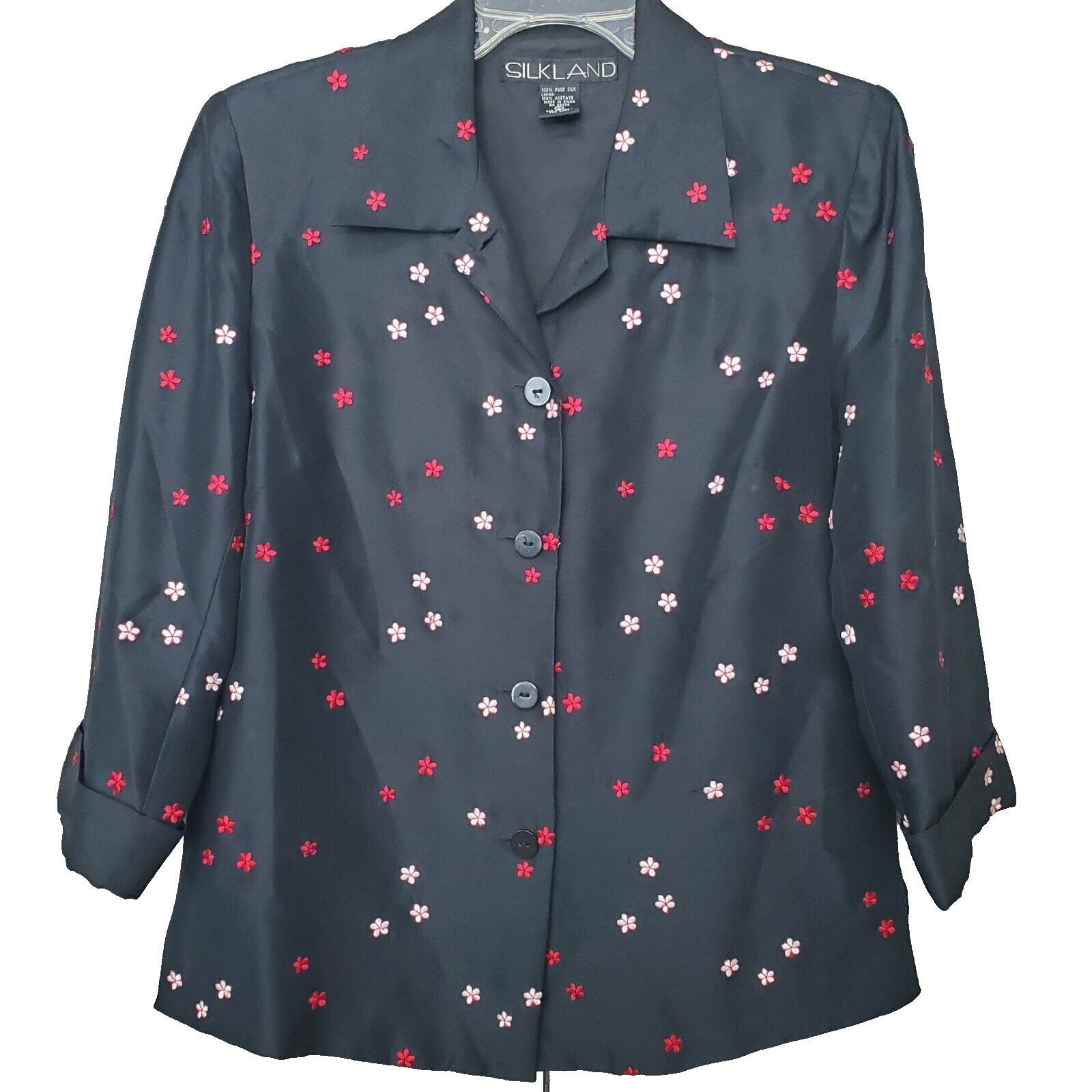 Silkland 100% Pure Silk Embroidered Floral Button-Up Shirt Size 6