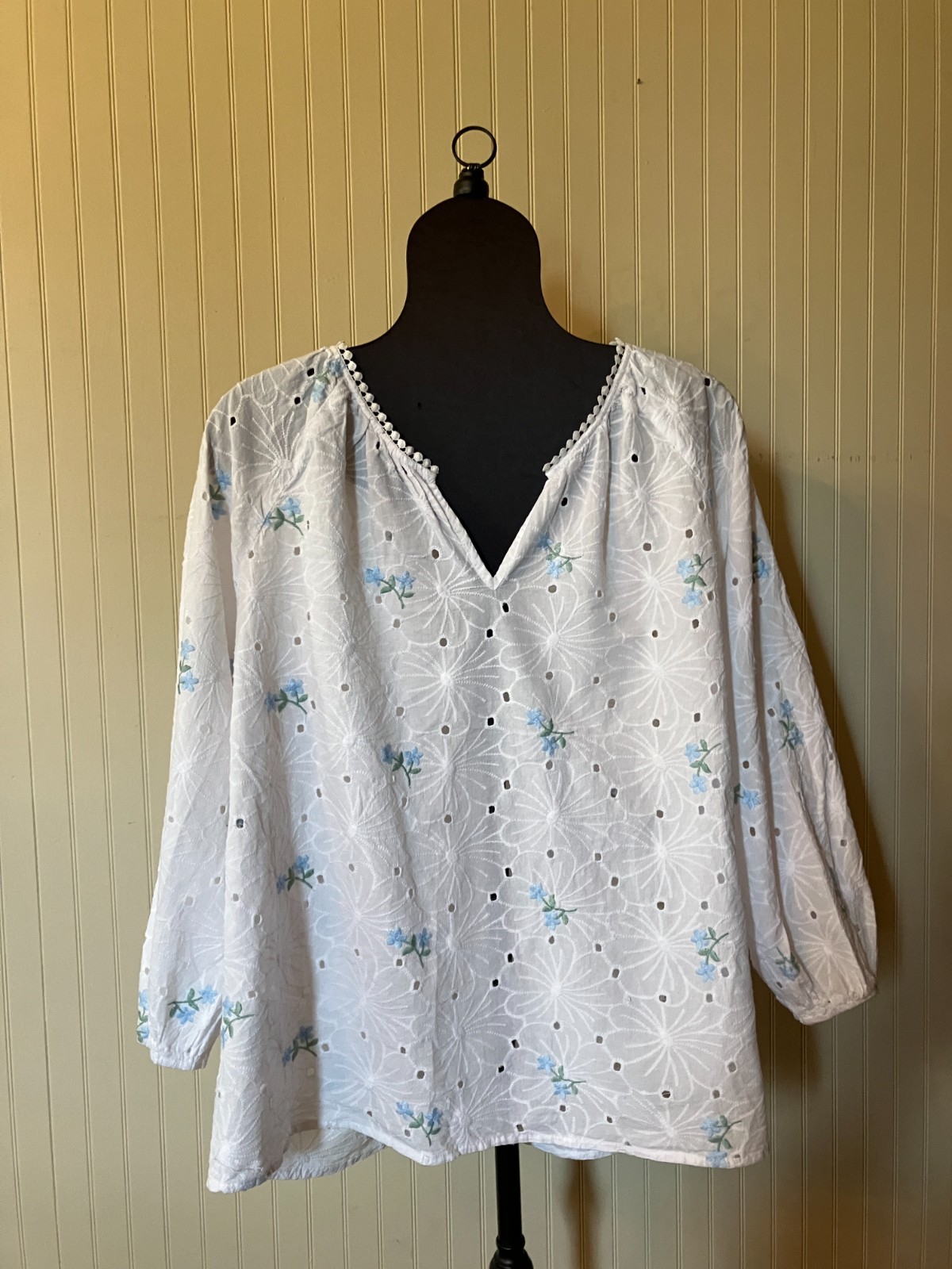 Solitaire ~2X~Cottagecore~Blue Embroidered Flowers~White Eyelet~BOHO Peasant Top