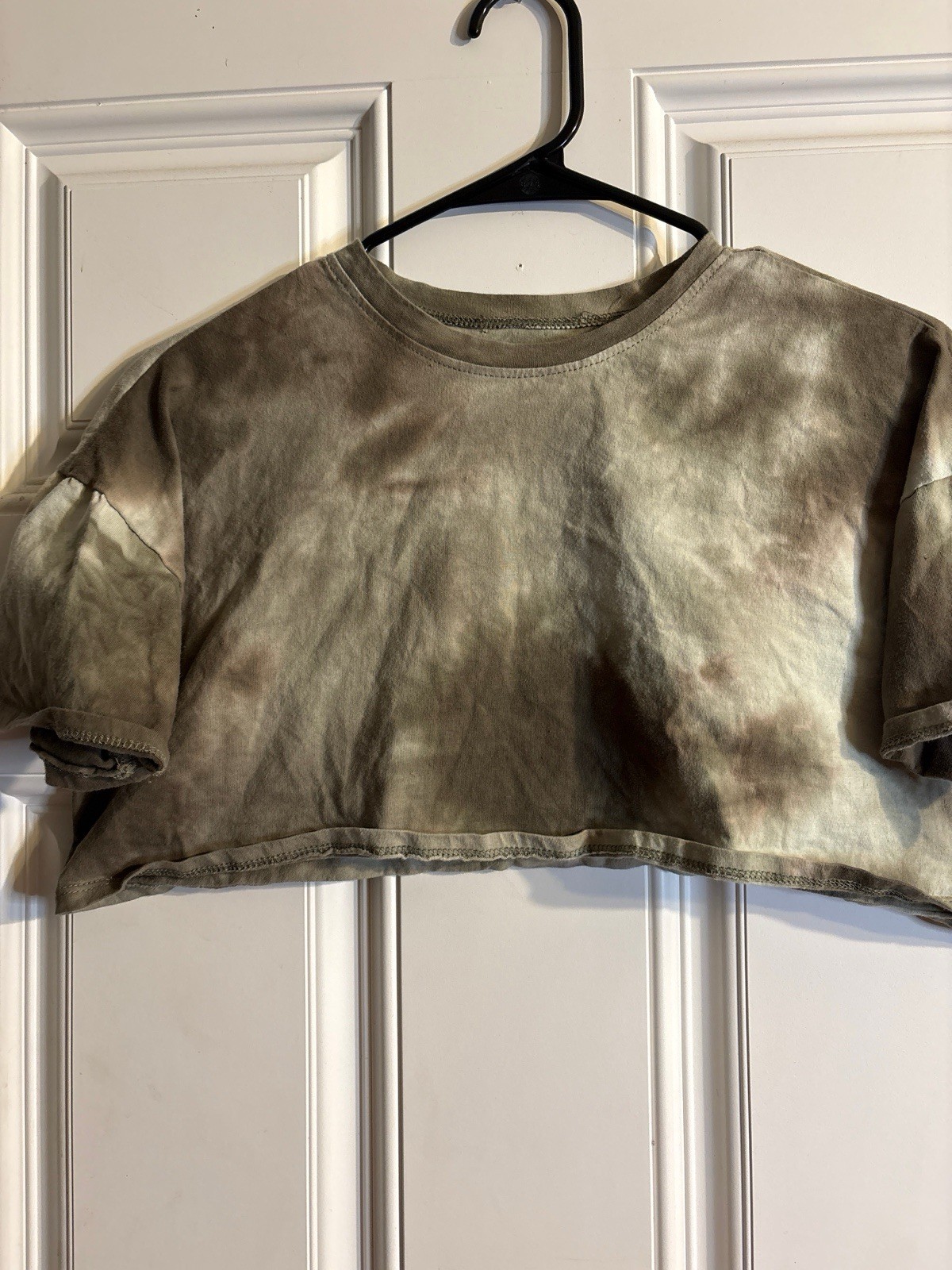Women’s Tie-Dye Cropped T-Shirt Green/White Cotton Knit Crew Neck Size M
