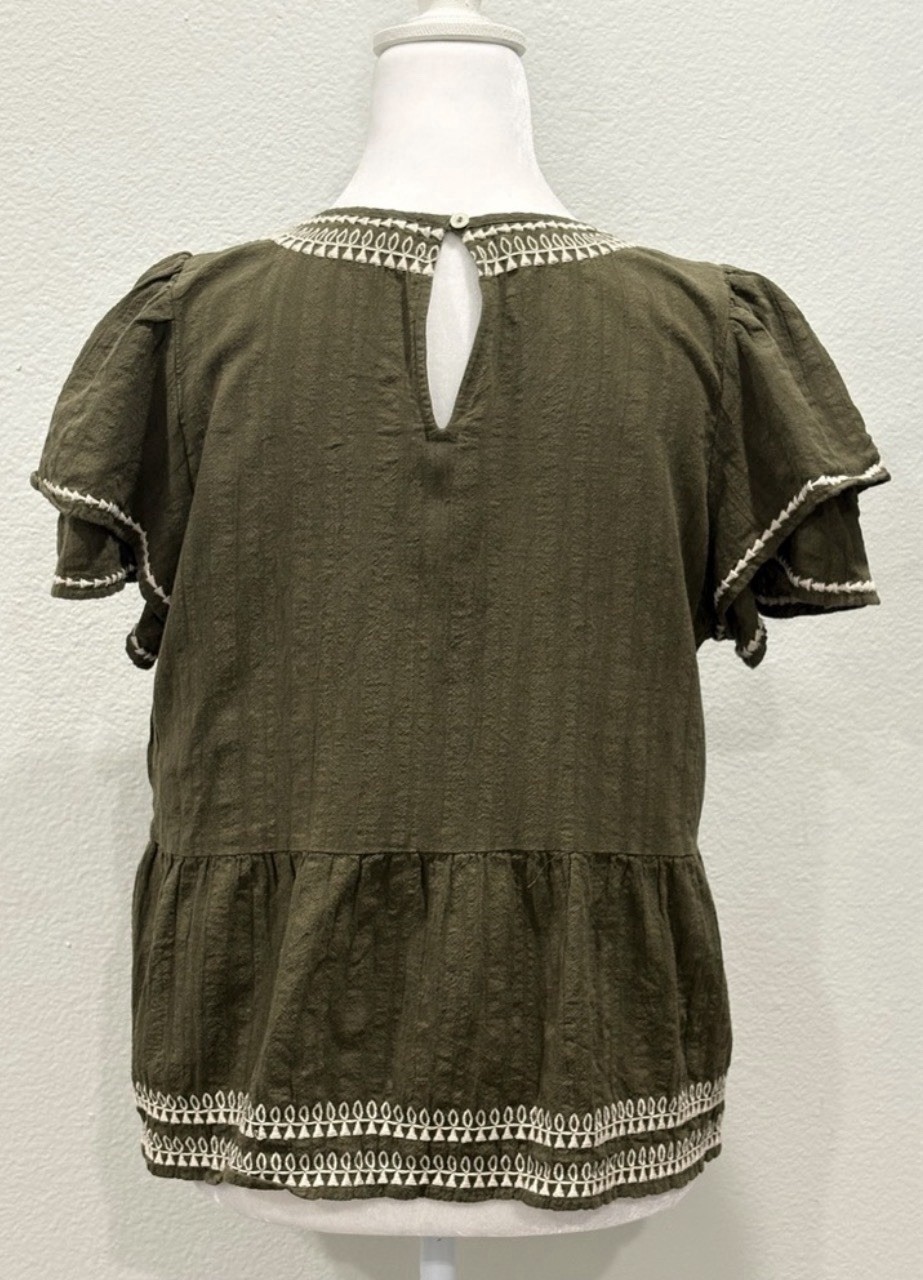 LOFT Blouse Top Size MP Olive Embroidered Flutter Sleeve Peplum Boho Cottagecore
