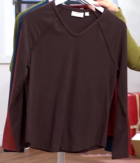 Belle Boho by Kim Gravel Slub Knit Braided Raglan V-Neck Top Size XL A703855