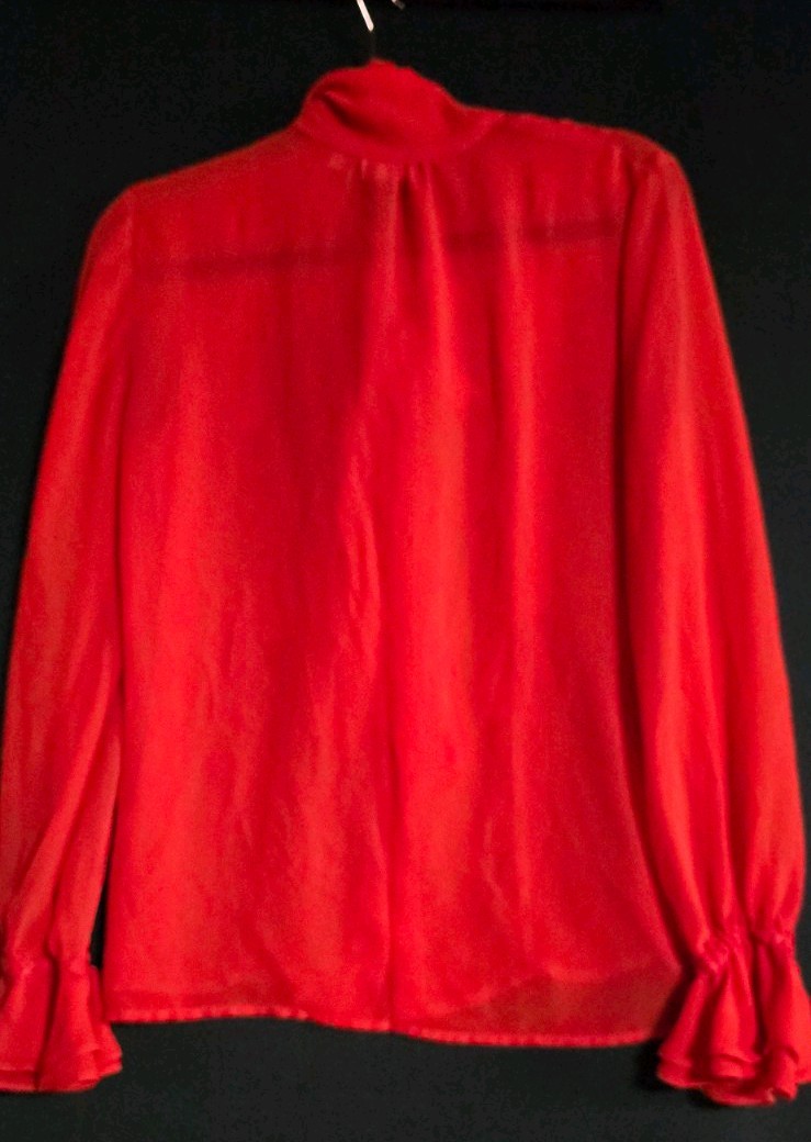 Eva Mendes New York & Co Red Bow Blouse Tie Neck Sheer S Soft