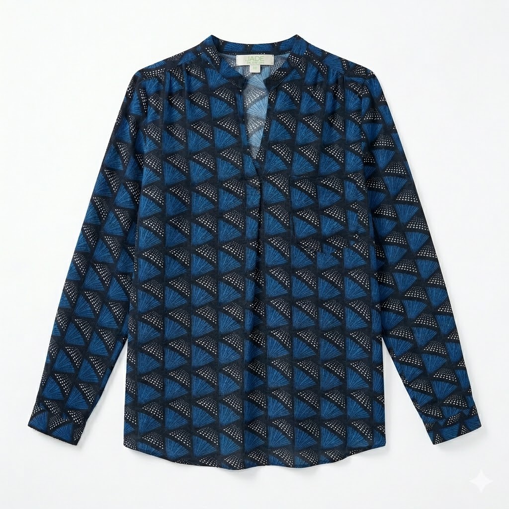 Jade Melody Tam Blue Geometric Silky Henley Top Medium Pattern Play Minimalist