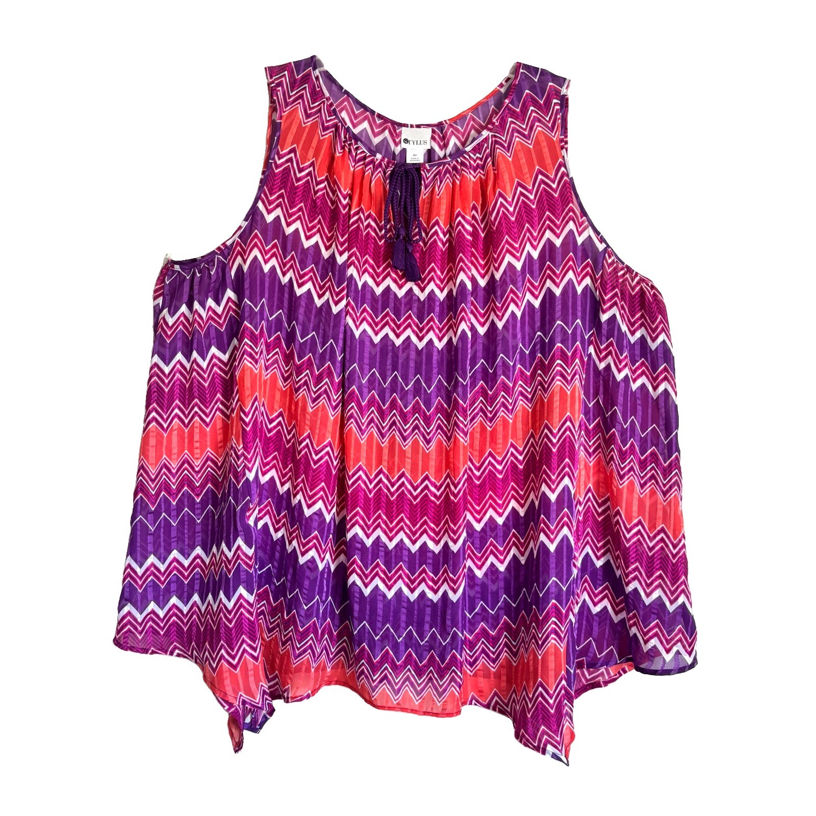 Stylus Chevron Tassel Tie Tank Top Purple Orange V-Neck Sleeveless Size 3X