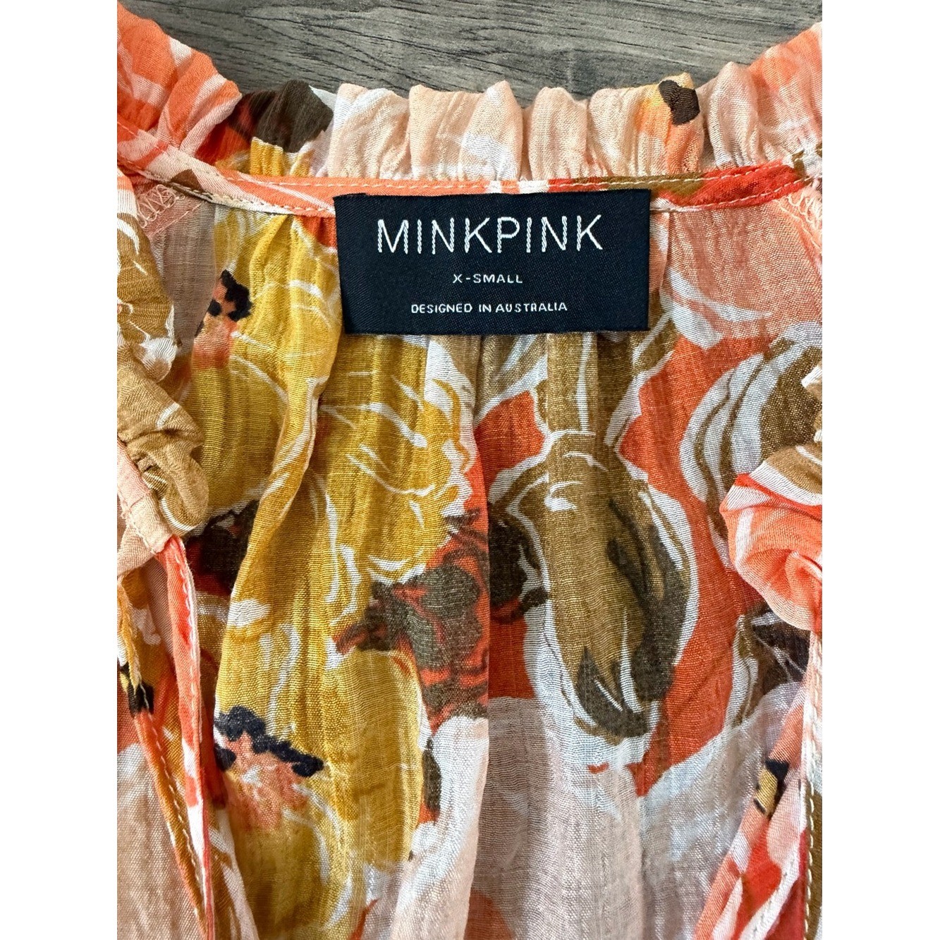 MINKPINK Floral Ruffle Blouse Womens Size XS Orange Boho Feminine Semi Sheer