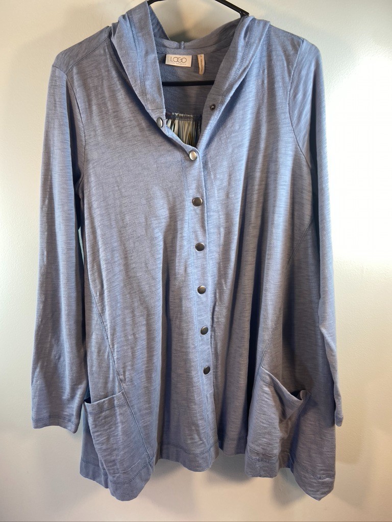 LOGO BY LORI GOLDSTEIN WOMENS SMALL HOODED BACK PLEATED SNAP UP POCKETS OVERSIZE