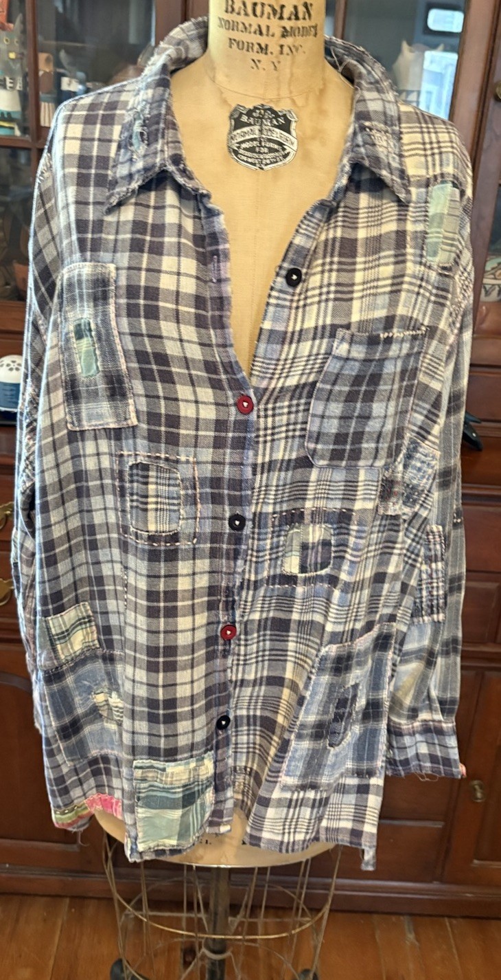 Magnolia Pearl Blue Plaid Workshirt, Patched And Stitched
