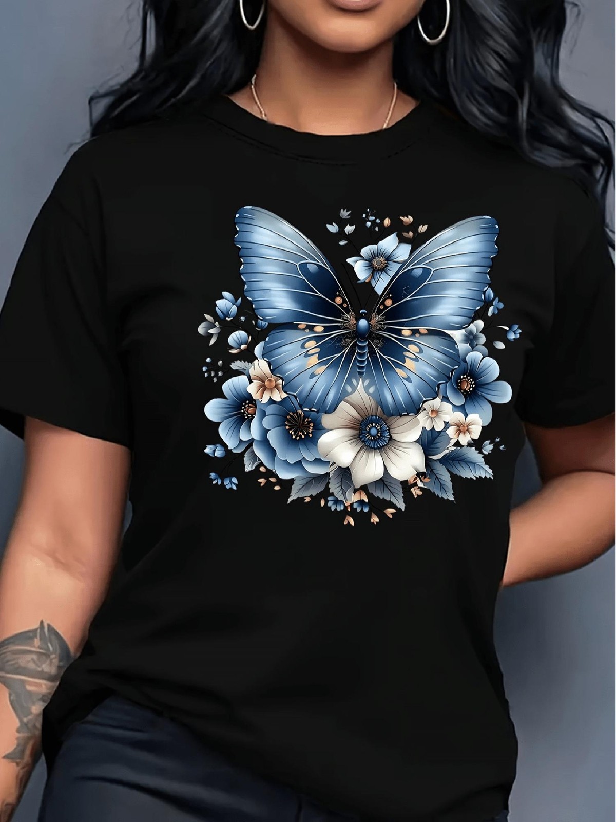 Women Butterfly Floral Print Soft Breathable Short Sleeve Round Neck Casual Top❀