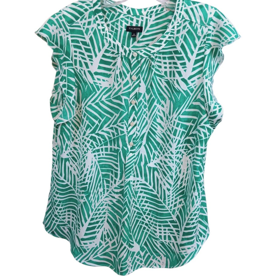 TALBOTS Blouse Top Size 14 Green White Career Office Travel Light Classic Chic