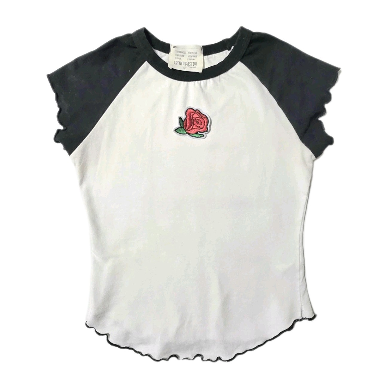 ​French Pastry Rose Shirt S White Black Raglan Lettuce Trim Y2K Aesthetic Crop