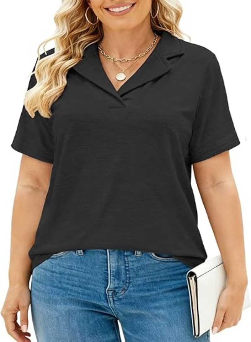 V-neck Casual Polo Minimalist Women’s Summer Short Sleeves Breathable Top XL-5XL