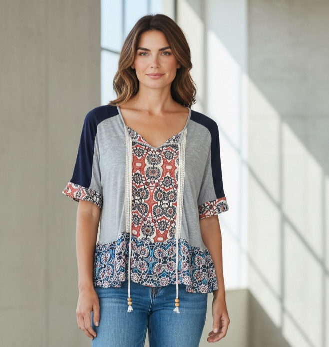 Democracy BOHO Relaxed Mixed Media Short Sleeve Crop Top Sz S #186L