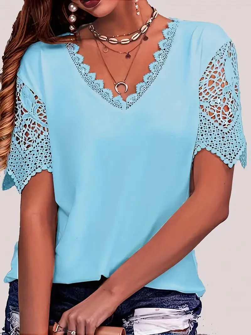 Short-Sleeved V-Neck Top with Lace Trim ~ Size Small