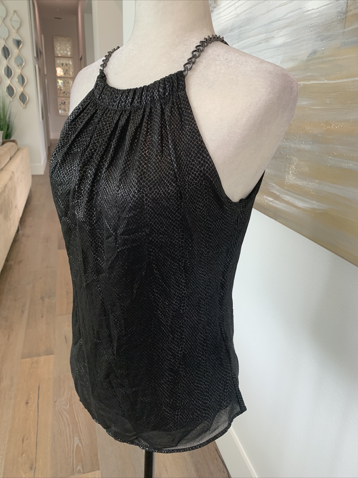 Cache blouse tank lined chain strap sz sm shimmer python print black