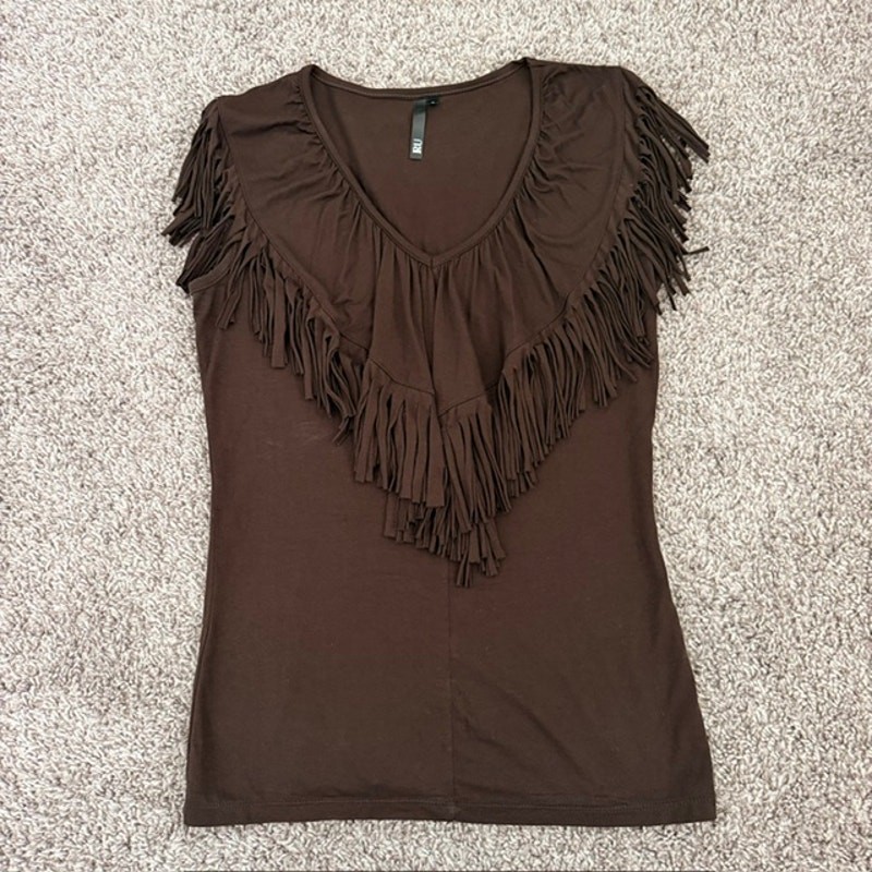 Retro 70s Fringe V-Neck Sleeveless Top RU Women Small Hippie Woodstock Western