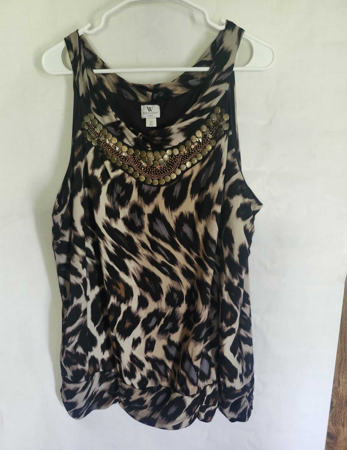 Worthington Woman Women’s Leopard Animal Print Cowl Neck Beaded Tank 2X