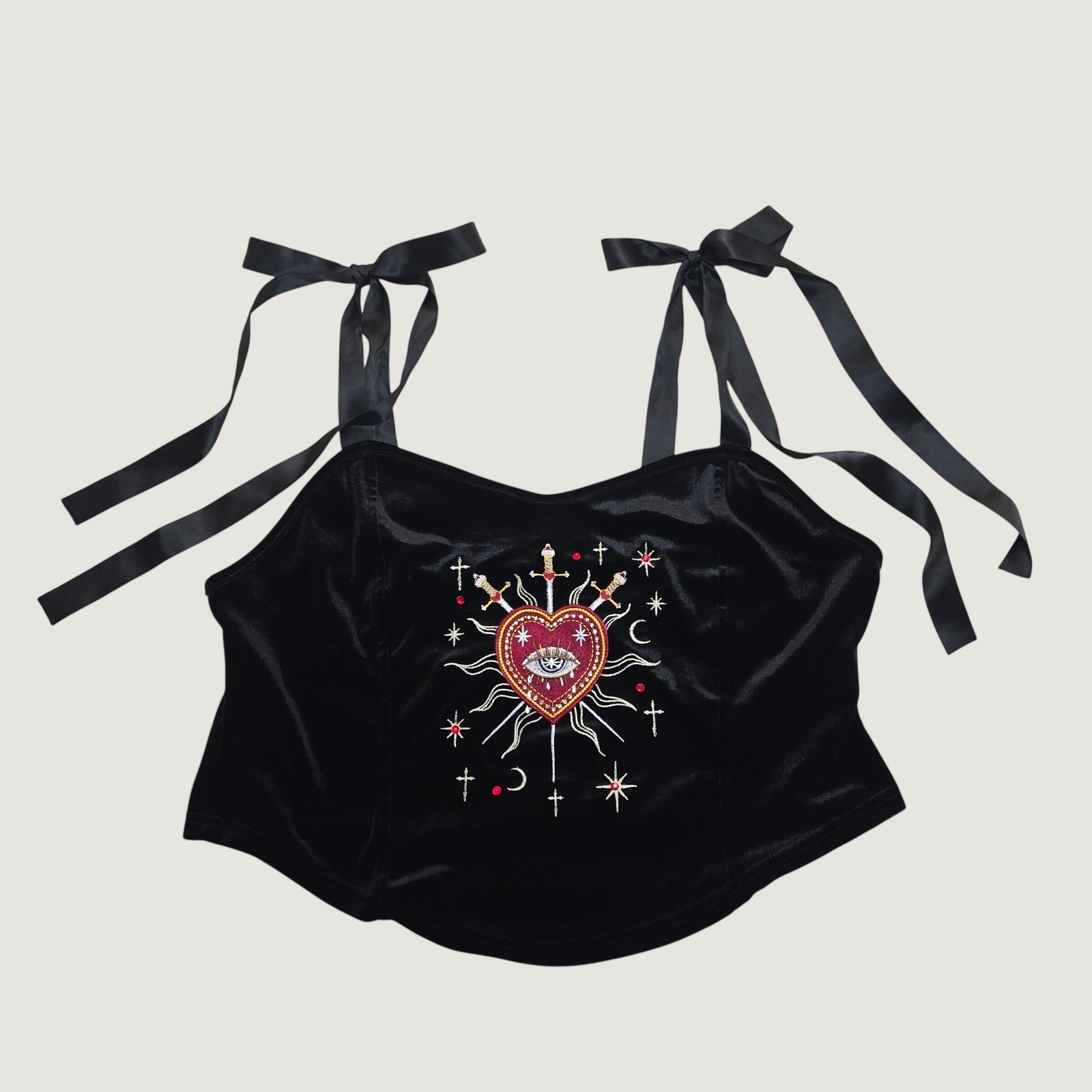 ROMWE Black Velvet Sacred Heart Embroidered Cami Top Ribbon Tie Straps 3XL