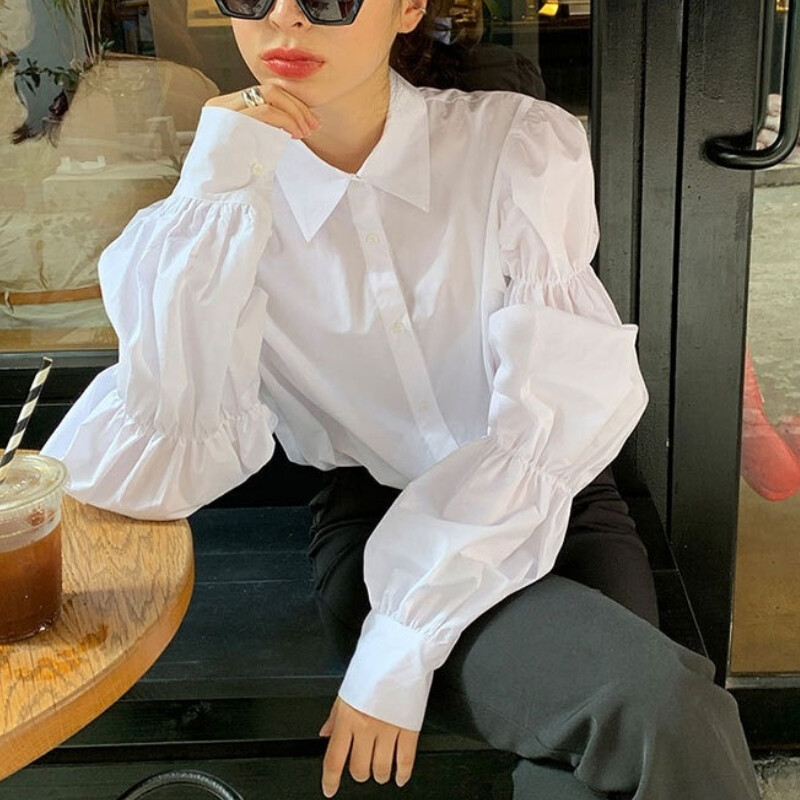 Women Puff Sleeve Shirt White Button Front Collar Top Casual Office Blous