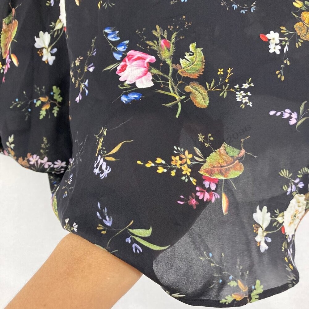 ACROBAT Medium Dark Floral V Neck Dolman Sleeve Pure Silk Blouse Feminine
