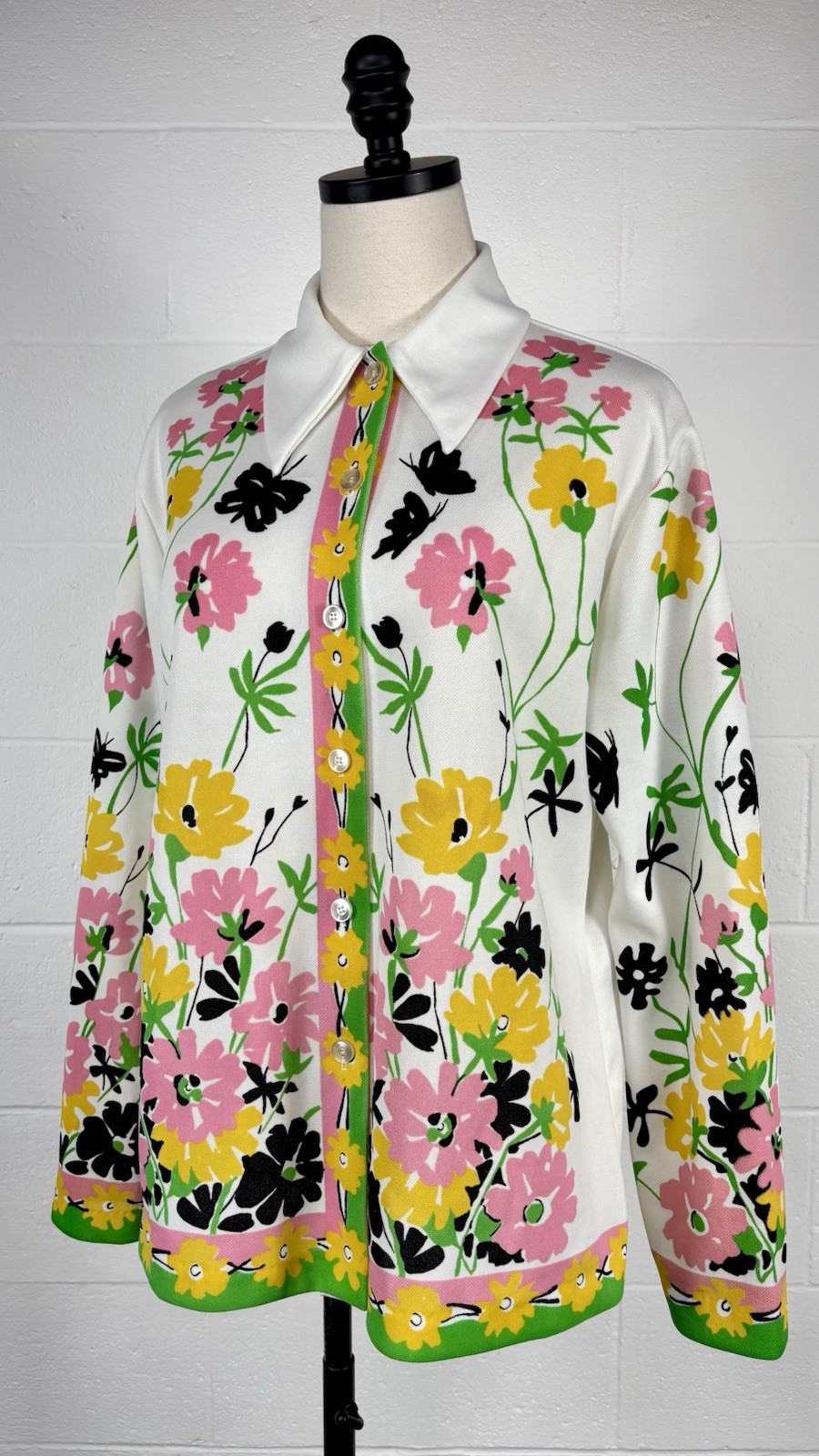 Vintage 70s Butterfly Floral Knit Button Up Blouse Long Sleeve Dagger Collar 1X