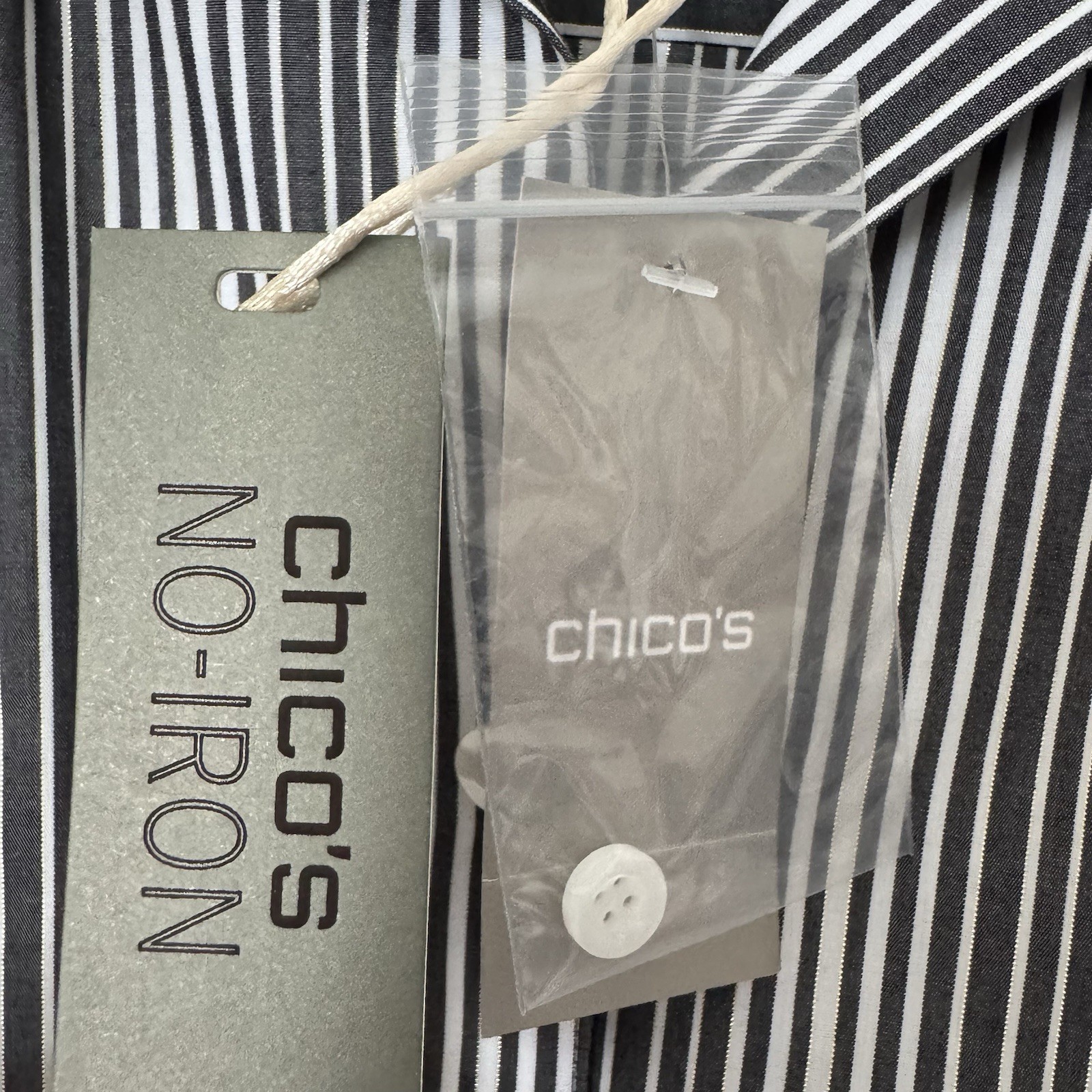 Chico’s No Iron Striped shirt Sz Medium Gray white gold metallic button NWT