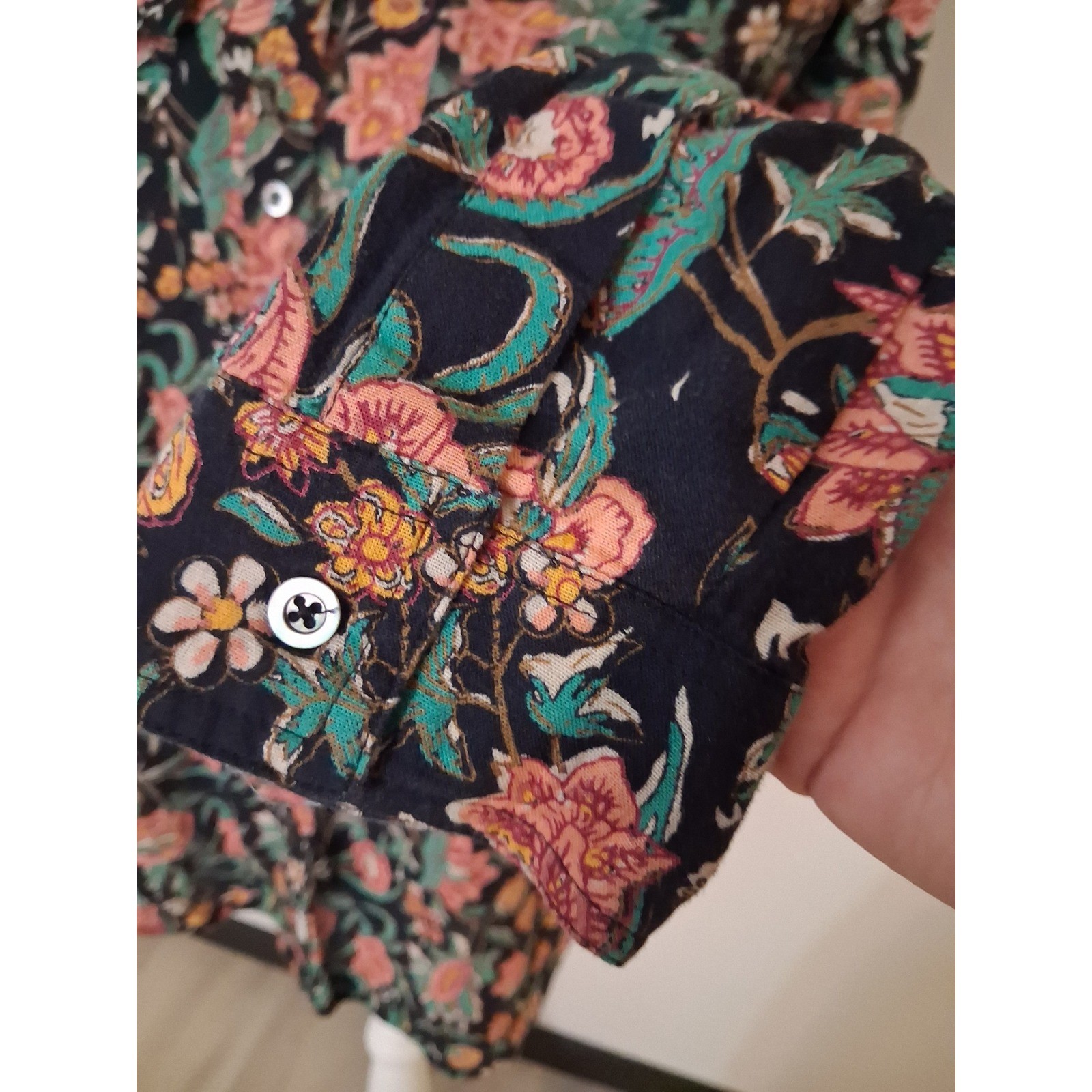 Sundance Womens Floral Button Down Shirt Navy Pink Orange Botanical Print Large