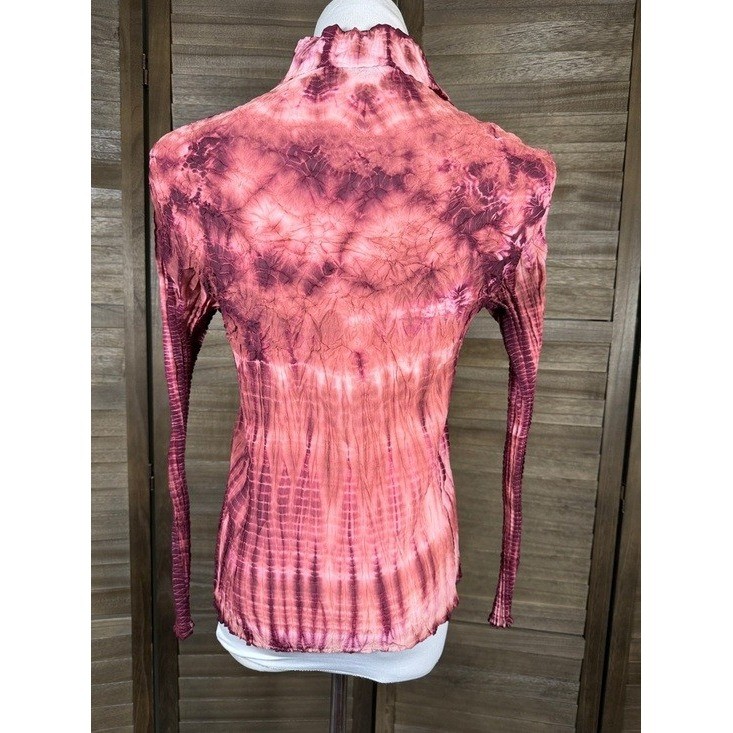 Fantazia Silk Polyester Tie Dye Pleated Button Up Long Sleeve Shirt Top Womens M