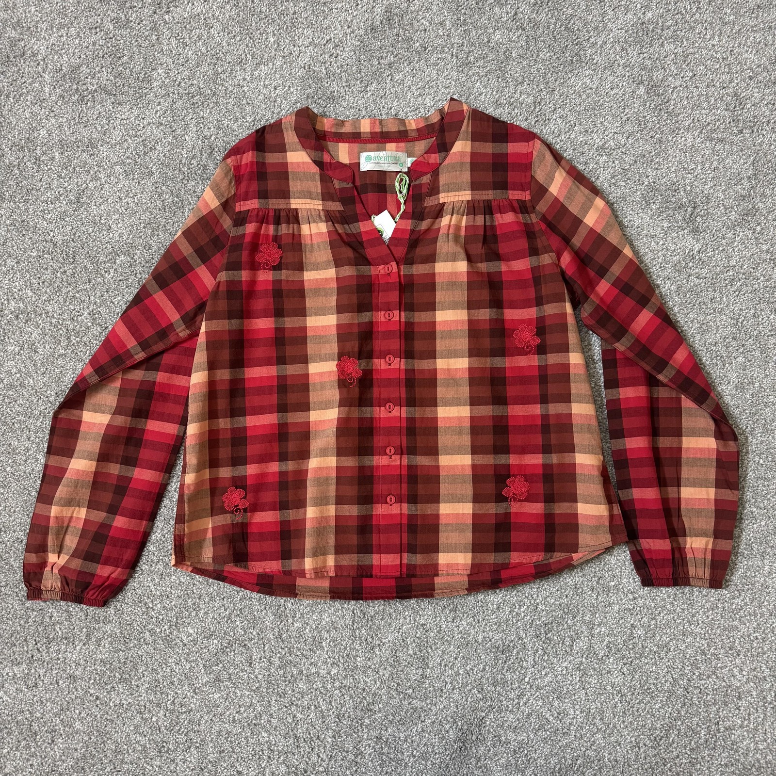 Aventura Shirt Womens Medium Red Plaid Artisan Top Organic Cotton Embroidered