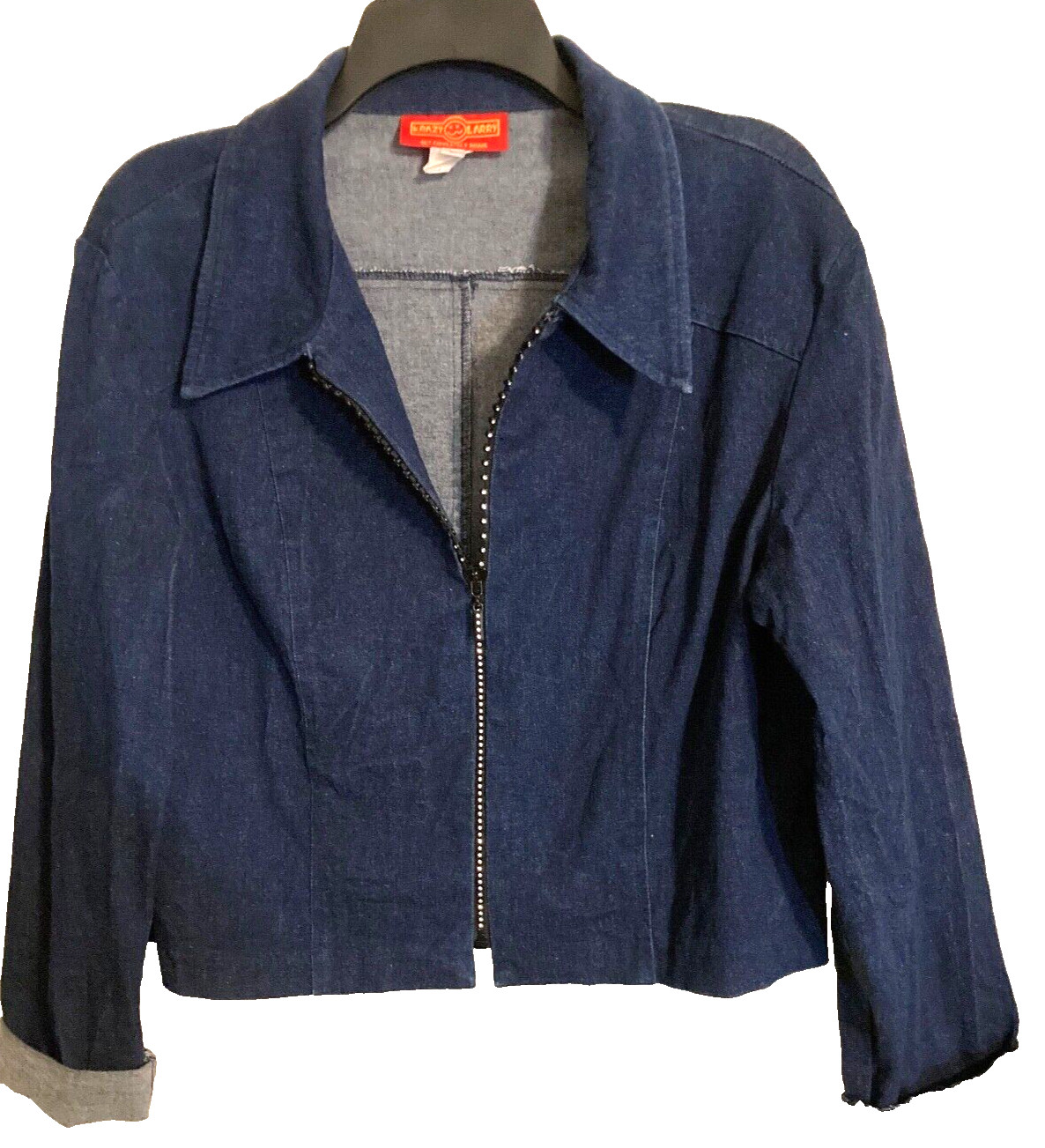 Krazy Larry Womens Denim Jacket Crystal Studded Zipper sz. L Smart Preppy Bling!