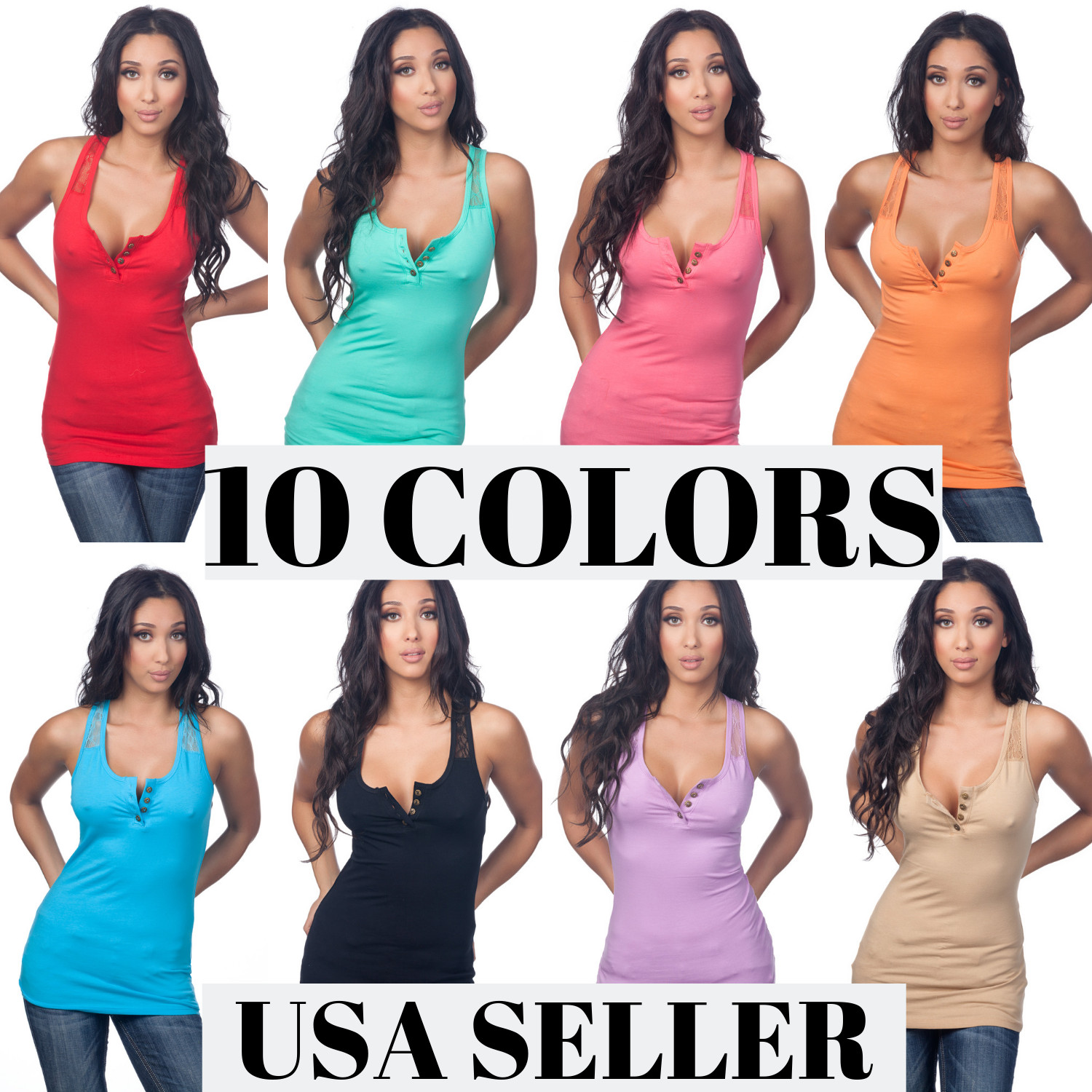 Color Story Women’s FItted Scoopneck Lace RacerBack Button Up Tank Top