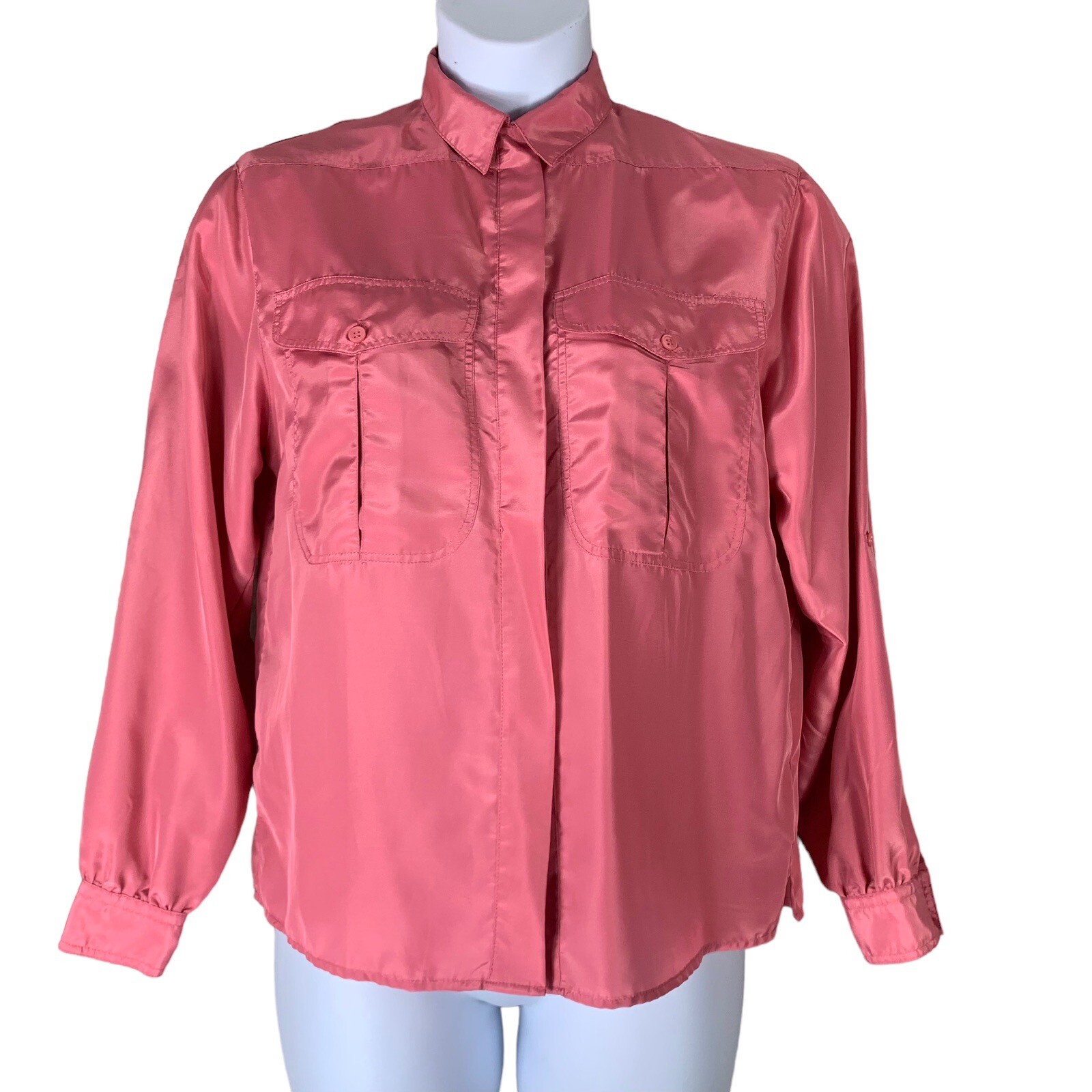 Vintage Blouse Size 7/8 Pink Button Up Shirt Roll Tab Sleeves Avon Fashions
