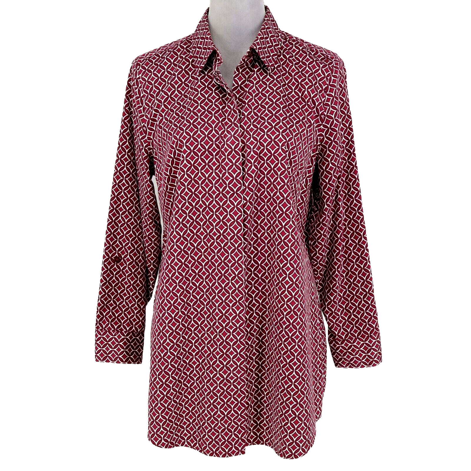 Chicos Top 1 Womens Medium 8 Burgundy White Wrinkle Resistant Blouse Career